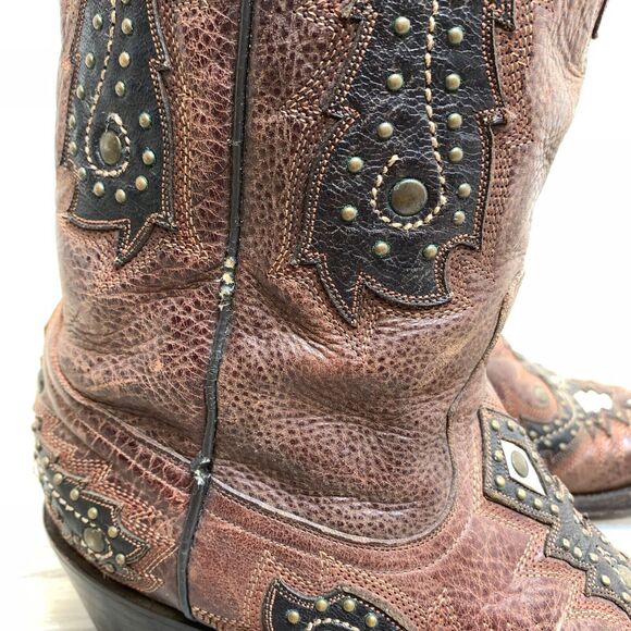 Corral G1042 Womens Studded Inlay 7M Brown Leather Inlay Snip Toe Western Boot - Picture 2 of 16